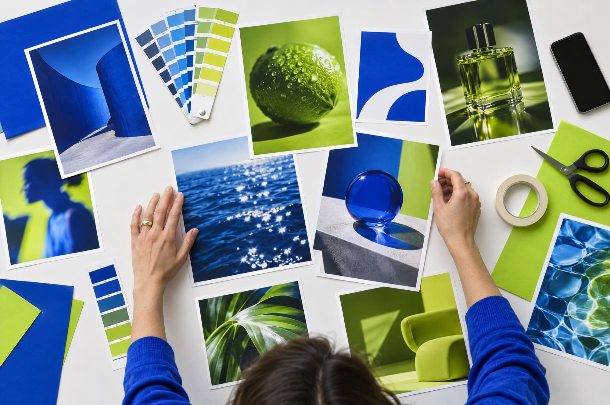 Hands arranging printed ad layouts and colour swatches on a white table