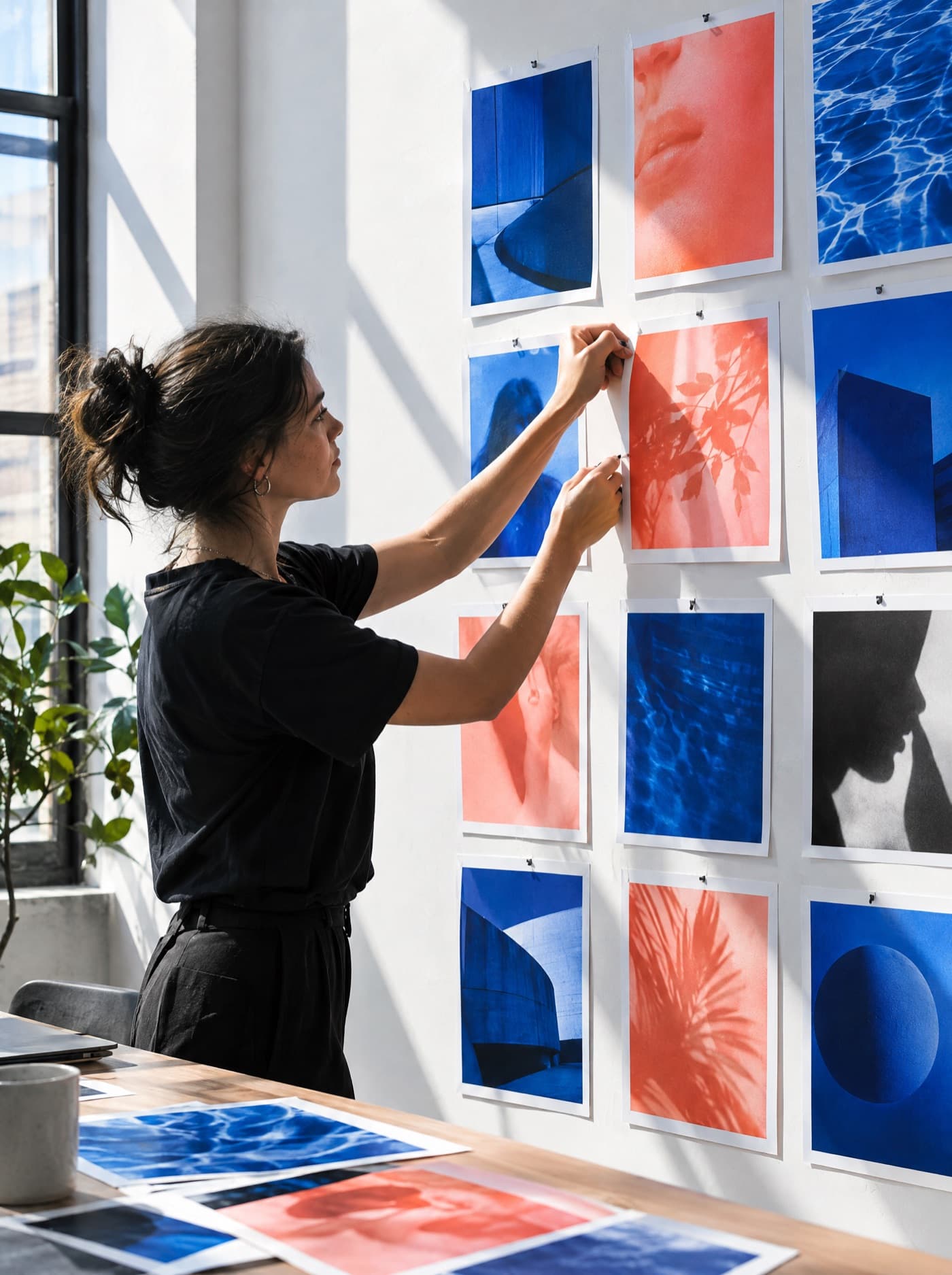 A creative director pinning blue and coral campaign prints to a white wall