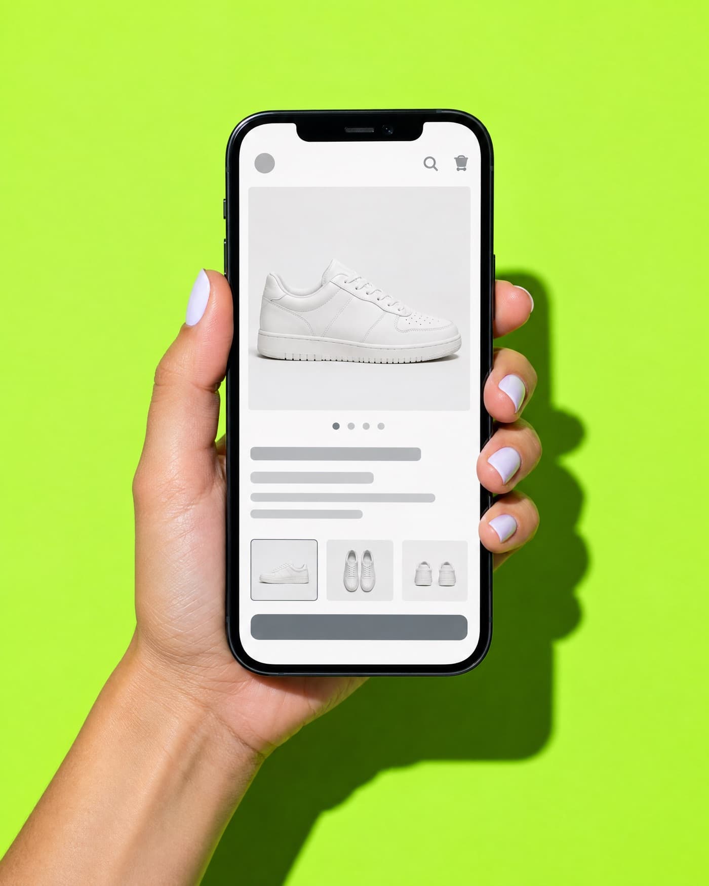A hand holding a phone with a sneaker product page, on a lime backdrop